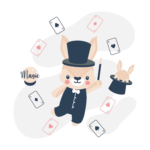 Cute rabbit bunny magician cartoon doodle   illustration  