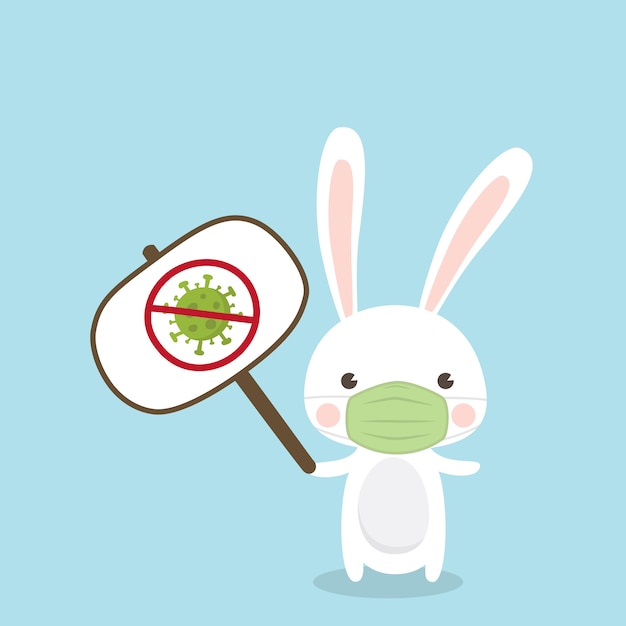 Cute Rabbit character wearing medical mask on sky blue background. Coronavirus (COVID-19)  Illustration.