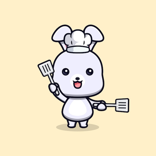 Cute rabbit chef holding spatula animal mascot character