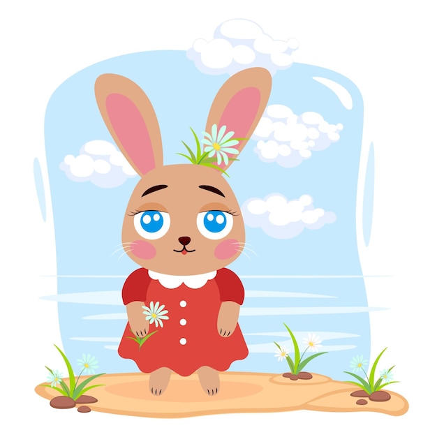 Cute rabbit in a dress with a flower in his hand vector illustration Cartoon rabbit in nature