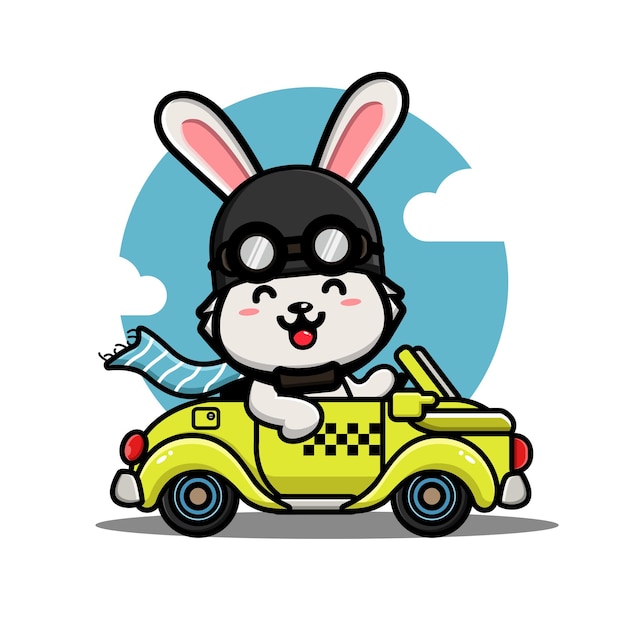 Cute rabbit driving a yellow car