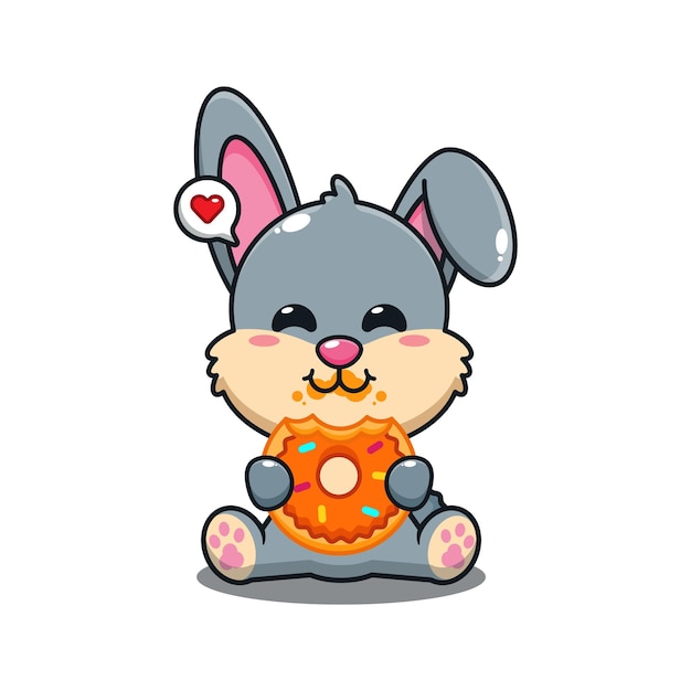 cute rabbit eating donut cartoon vector illustration