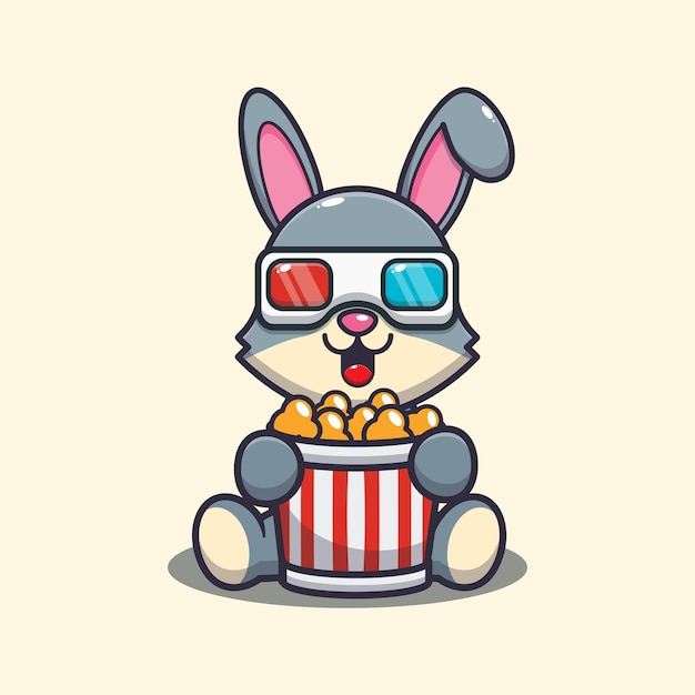 Cute rabbit eating popcorn and watch 3d movie