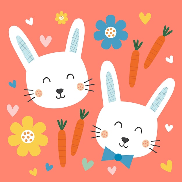 Cute rabbit face with carrot and flower design