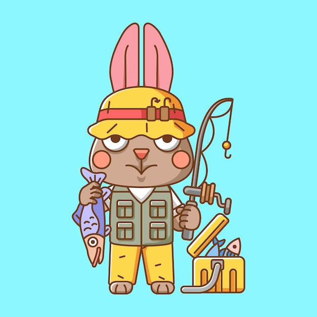 Cute rabbit fisher fishing animal chibi character mascot icon flat line art style illustration