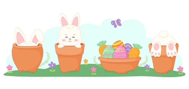 Cute rabbit in flower pot.