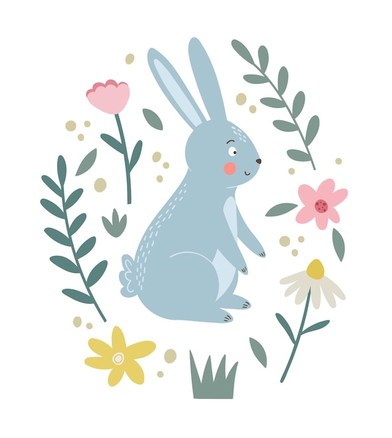 Cute rabbit, flowers and leafs. Hand drawn bunny illustration. Kids animal print