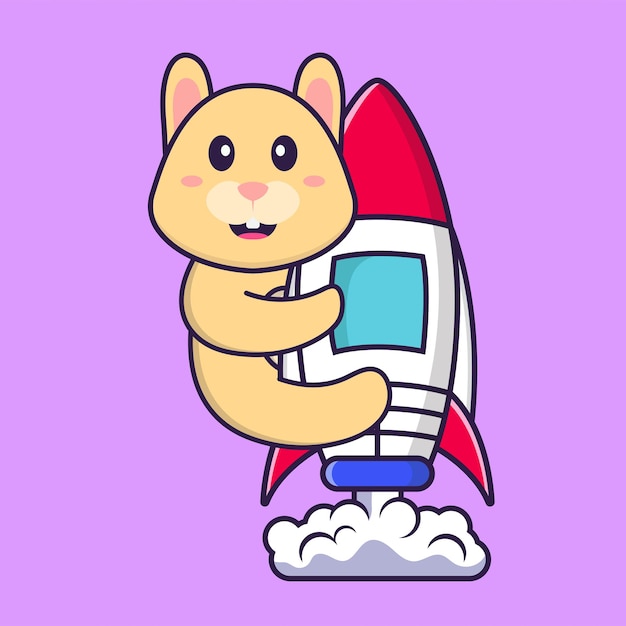 Cute rabbit flying on rocket Animal cartoon concept isolated