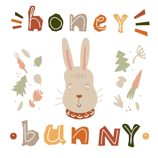 Cute rabbit. Fun kids card with hare animal and with phrase - honey banny. Scrapbook element or kids room poster. Vector illustration