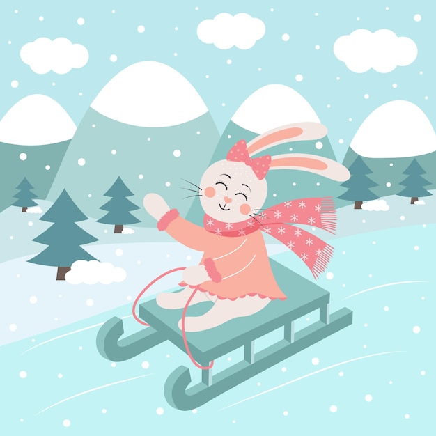 Cute rabbit girl is sledding Winter landscape