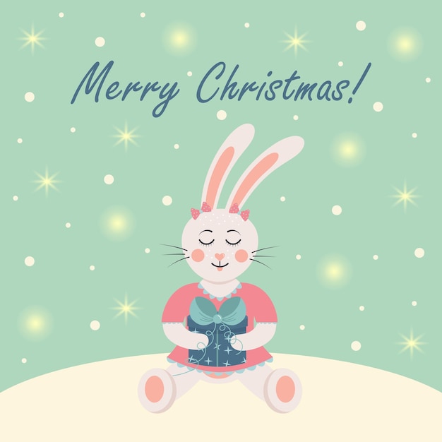 Cute rabbit girl with a present Winter card with shining lights and snow Merry Christmas text