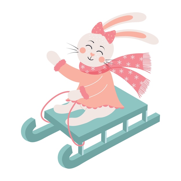 Cute rabbit girl with scarf and bow is sledding