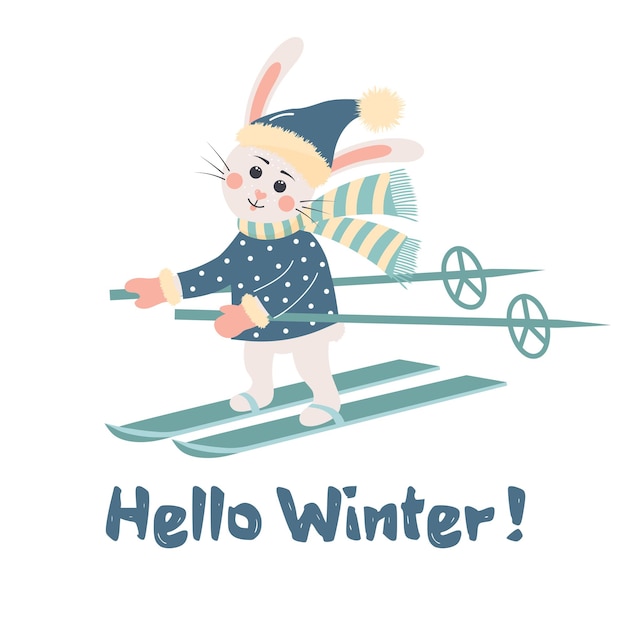 Cute rabbit in hat and scarf is skiing Hello winter text