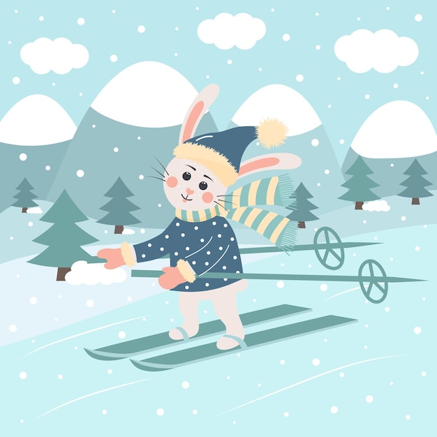 Cute rabbit in hat and scarf is skiing Winter landscape Greeting card