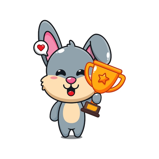 cute rabbit holding gold trophy cup cartoon vector illustration