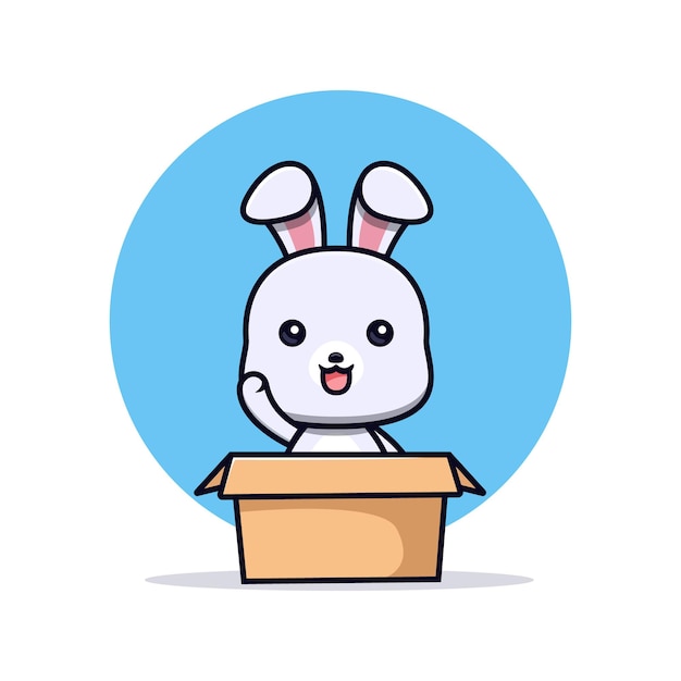 Cute rabbit inside box and waving hand animal mascot character