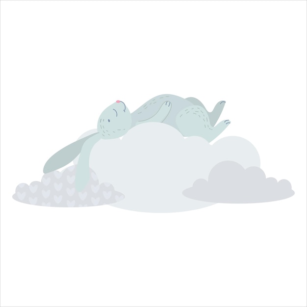 Cute Rabbit is sleeping on a cloud A gray bunny is hiding among the clouds Balloons and airship Children's illustration Cute print vector Isolated on a white background