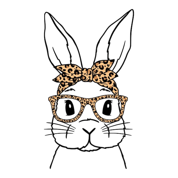 Cute Rabbit Line Art Bunny With Leopard Bandana and glasses Easter Bunny Bunny sketch vector