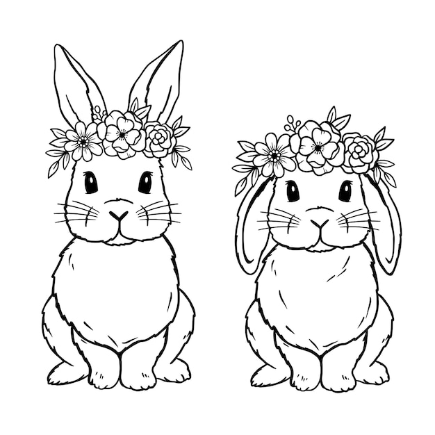 Cute Rabbit Line Art. Lop Bunny with Flower Crown. Easter Bunny. Bunny sketch vector illustration.