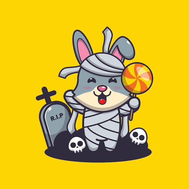 cute rabbit mummy holding candy cute halloween cartoon illustration