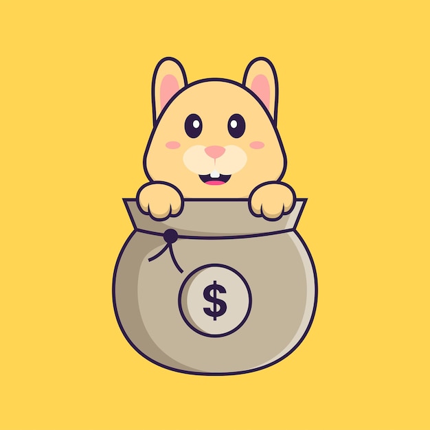 Cute rabbit playing in money bag Animal cartoon concept isolated