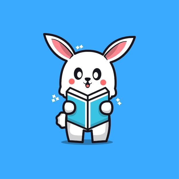 Cute rabbit reading book cartoon icon illustration