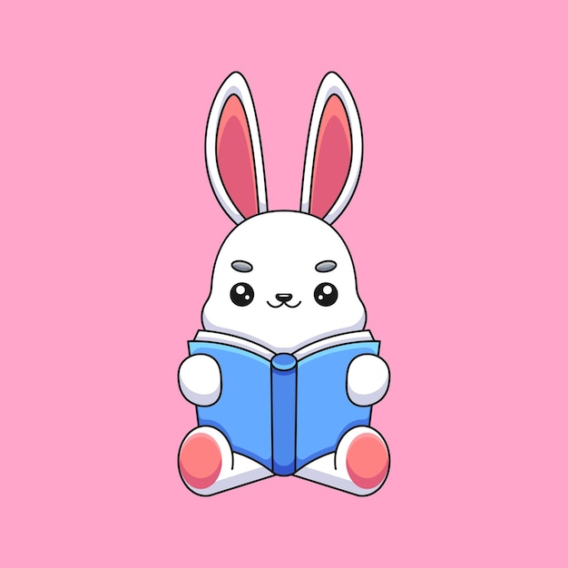 Cute rabbit reading book cartoon mascot doodle art hand drawn concept vector kawaii icon illustration