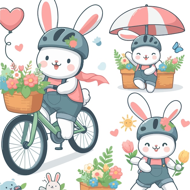 Cute rabbit ride bicycle cartoon vector on white background