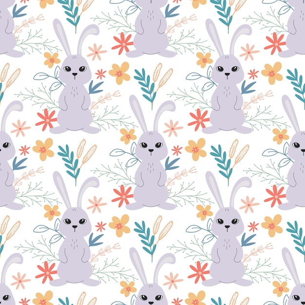 Cute rabbit seamless pattern. Funny hares in flowers, foliage and herbs. Baby print with animals