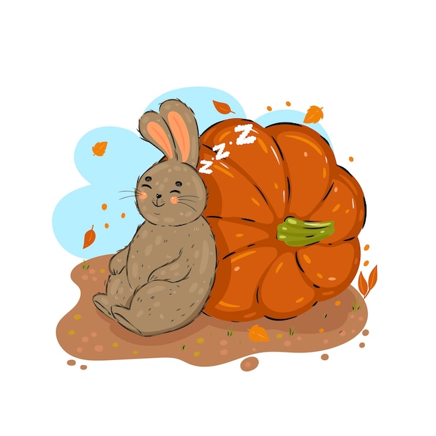 Cute rabbit sleep leaning on a pumpkin Vector graphics