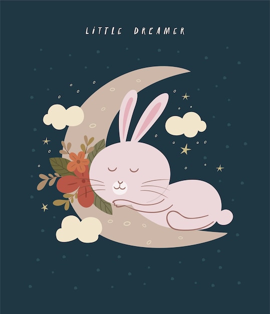 Cute rabbit sleeping on a crescent moon