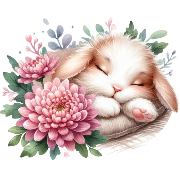 Cute rabbit sleeping on a flower clipart watercolors