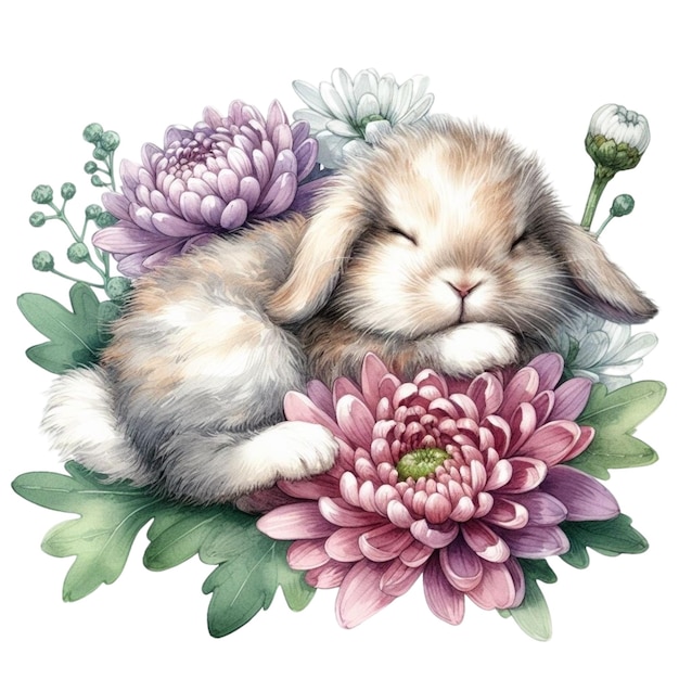 Cute rabbit sleeping on a flower clipart watercolors