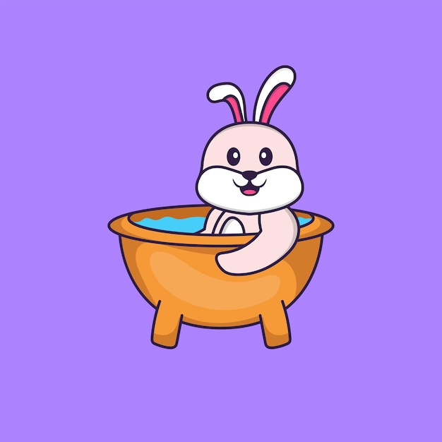 Cute rabbit taking a bath in the bathtub. Animal cartoon concept isolated. Flat Cartoon Style