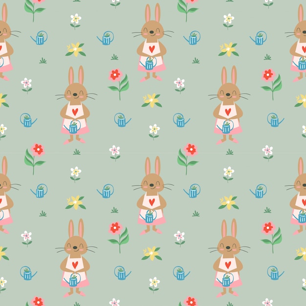 Cute rabbit and variety flower seamless pattern