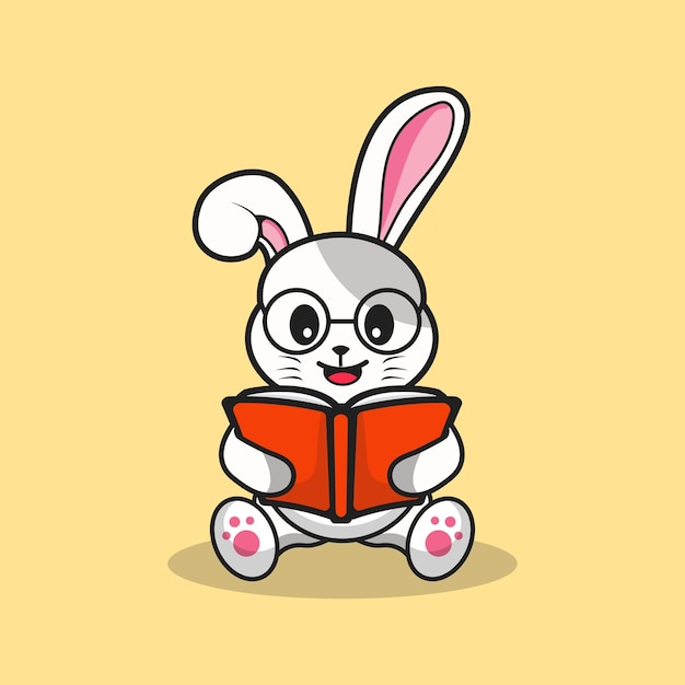 Cute Rabbit wearing glasses with book Cartoon Vector Flat Illustration Studying Animal Icon