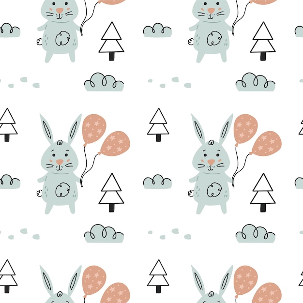 Cute rabbit in a winter forest pattern