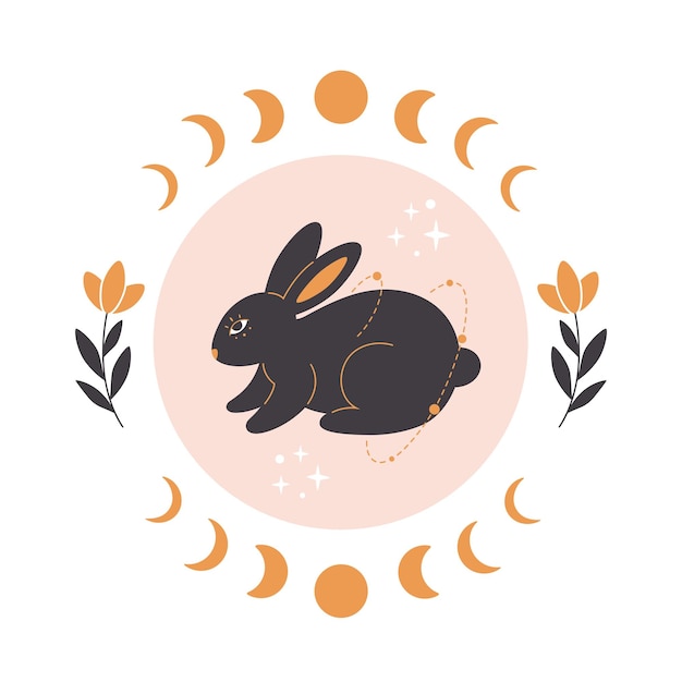 Cute rabbit with astrology, botany and esoteric elements. Year of the Rabbit 2023