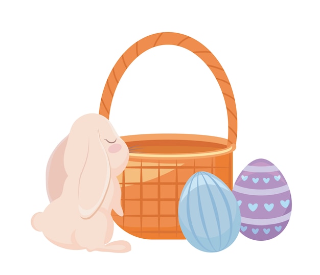 Cute rabbit with basket wicker and eggs of easter