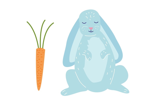 Cute rabbit with closed eyes and carrot hand drawn in flat style isolated on white background