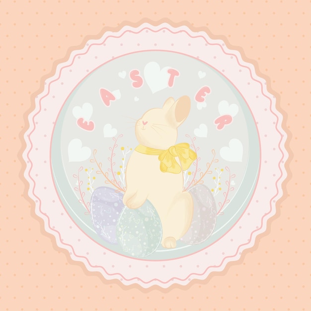 Cute rabbit with easter eggs on a pastry colored label Easter Vector illustration