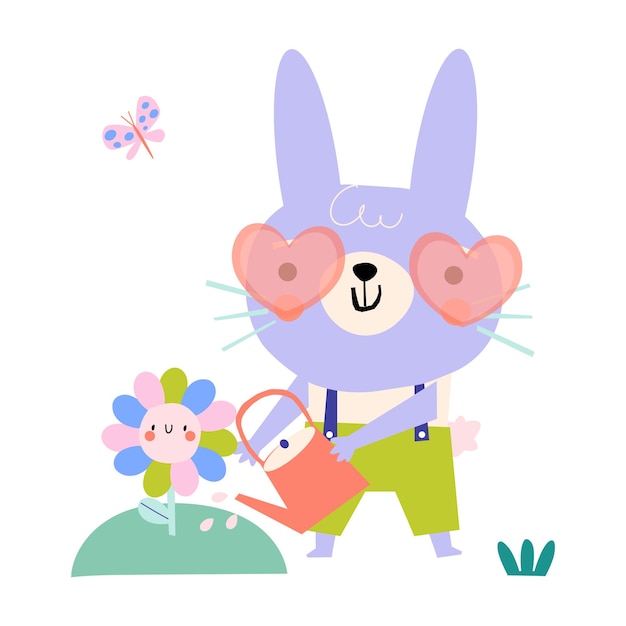 Vector a cute rabbit with glasses and a watering can waters a flower spring cartoon illustration vector