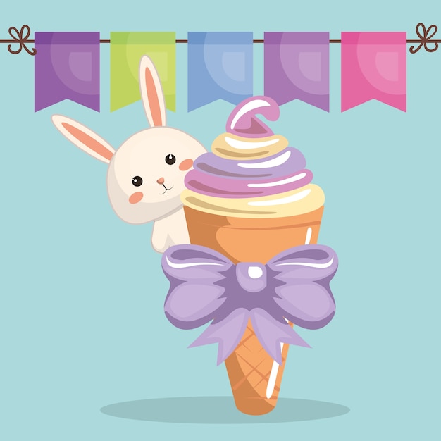 Cute rabbit with ice-cream kawaii birthday card