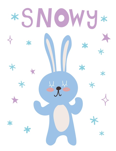 Cute rabbit with Snowy text snowflakes background bunny greeting gift design template Flat design vector Illustration EPS