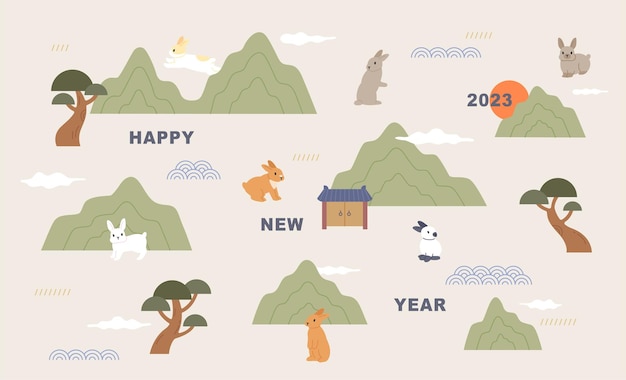 Cute rabbits are running around in the pattern of traditional mountains and trees.