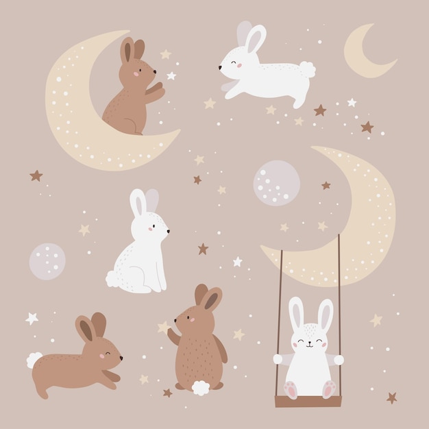 Cute rabbits with moon and stars