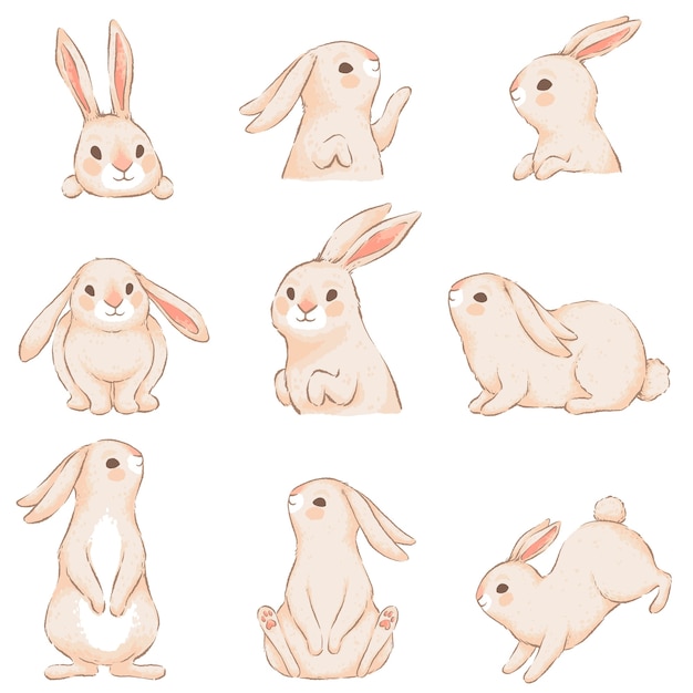 Cute rabbits with pink ears in different funny poses. Characters for easter design. Imitation of handmade watercolor. isolated on white background.