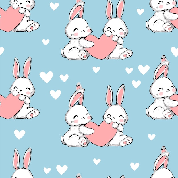 Cute rabbits with pink heart on blue background Valentines day background print vector illustration bunny