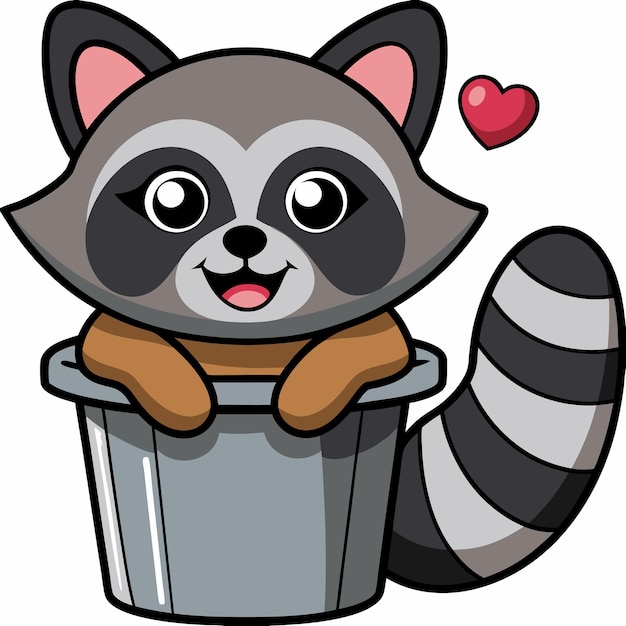 Vector cute raccoon in bin trash waving hand cartoon vector icon illustration animal nature icon concept isolated premium vector flat cartoon style