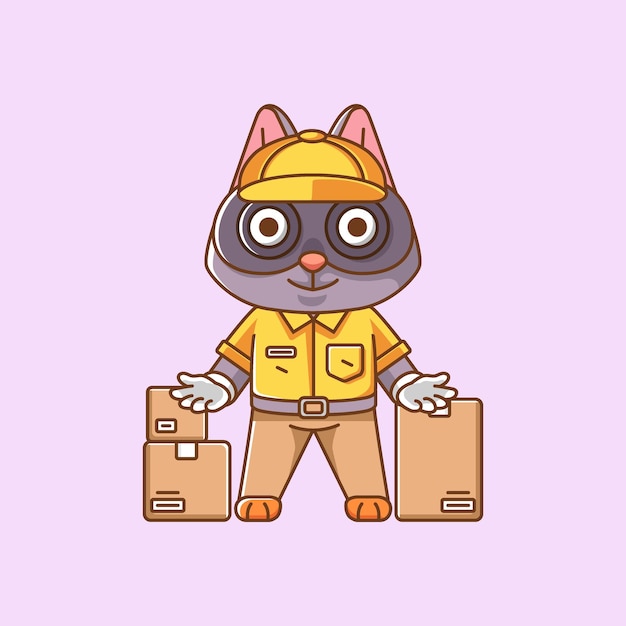 Cute raccoon courier package delivery animal chibi character mascot icon line art style illustration